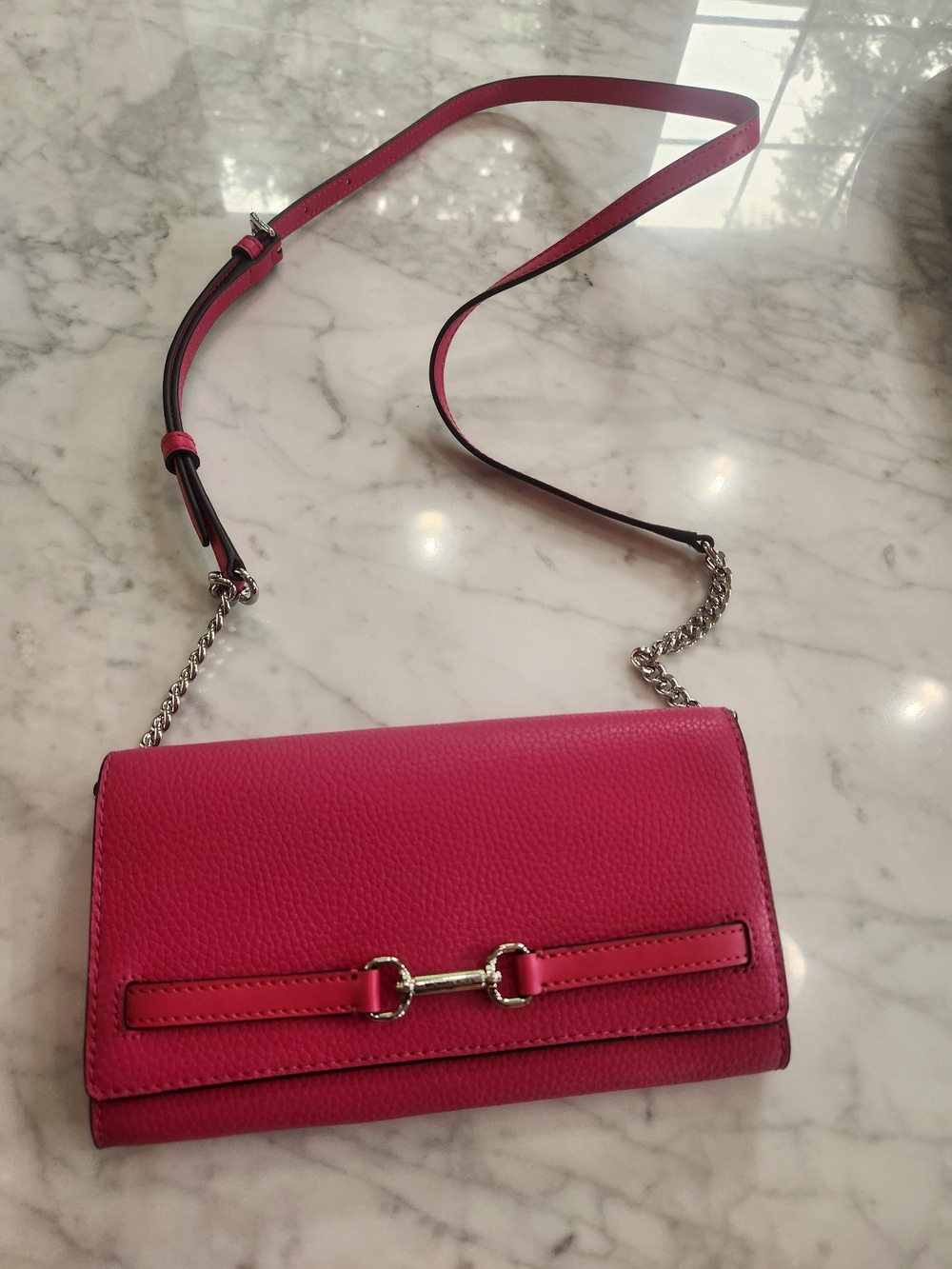 Michael Kors Hot Pink Leather Mini Crossbody, Long Strap/Silver Chain,BRAND NEW.